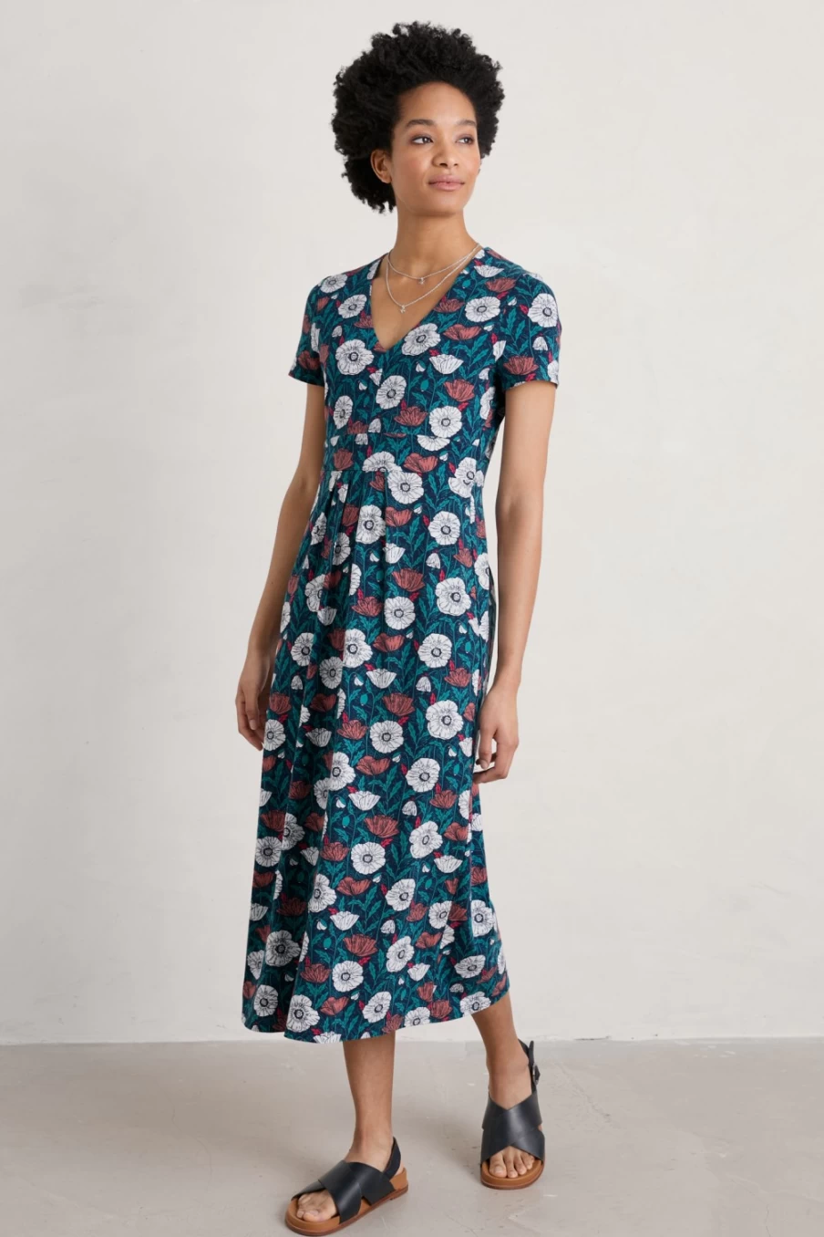 "Seasalt Cornwall Women's Floral V-Neck Midi Dress - Short Sleeve Bud Print Summer Dress"
