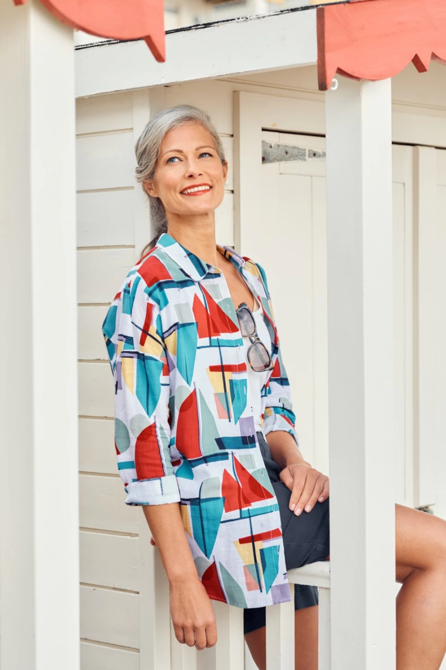 Seasalt Cornwall Women's Olive Villa Longline Shirt in Harbour Collage Mix
