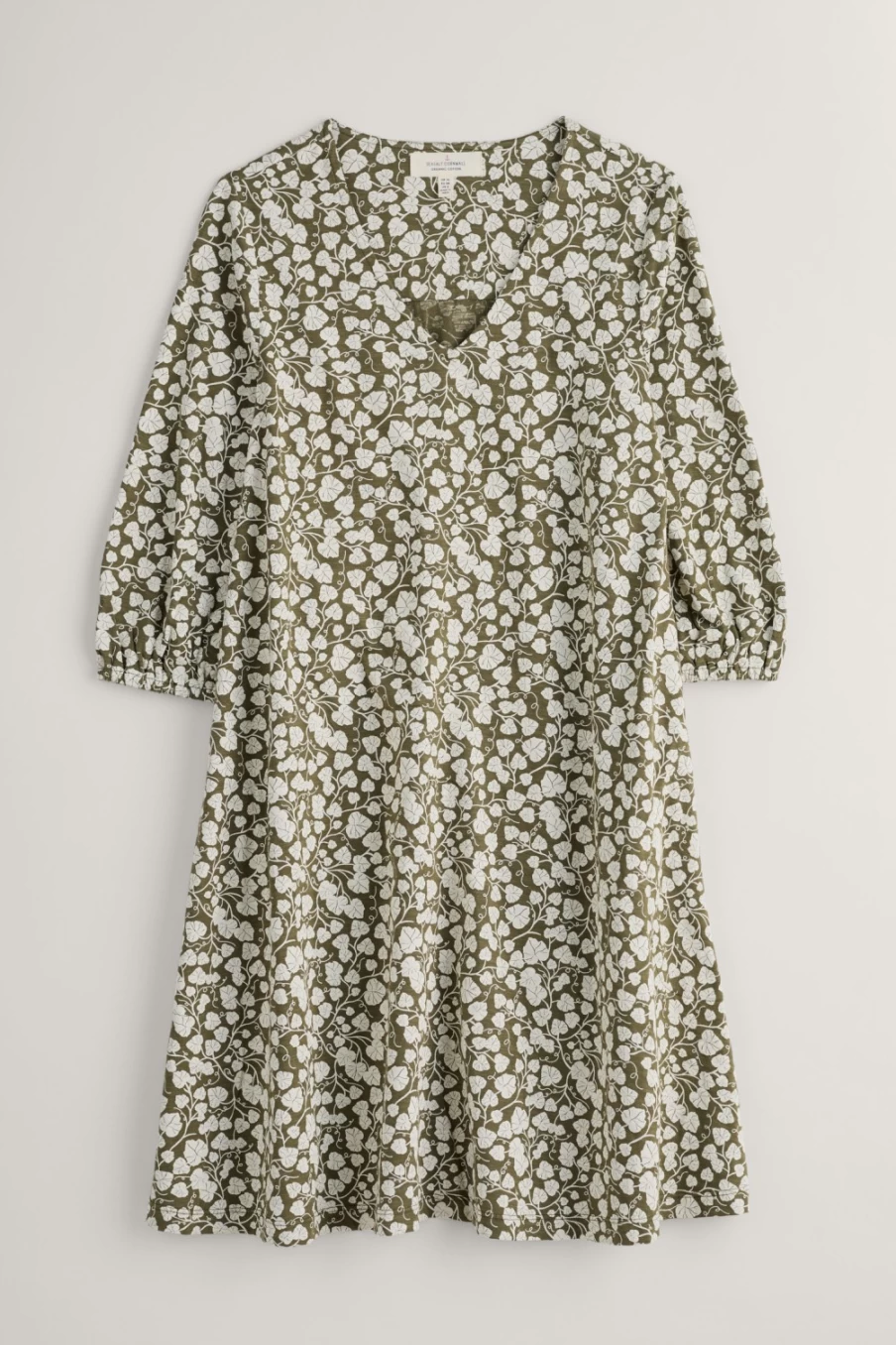 Seasalt Cornwall Women's Wave Wing 3/4 Sleeve Jersey Dress in Wall Vines Light Olive