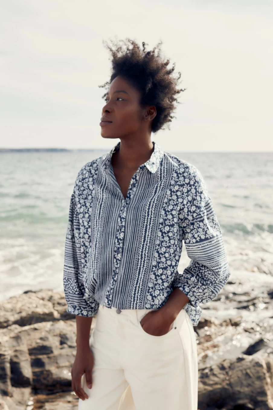 "Seasalt Cornwall Women's Roseate Floral Blouse in Blossom Border Raincloud"