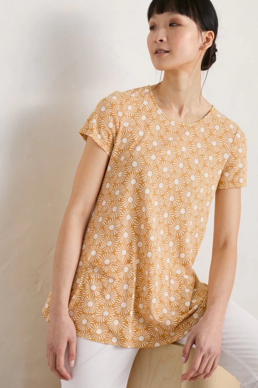 "Seasalt Cornwall Women's Sun Stamp Mustard Seed Short Sleeve Drawing Book Top"