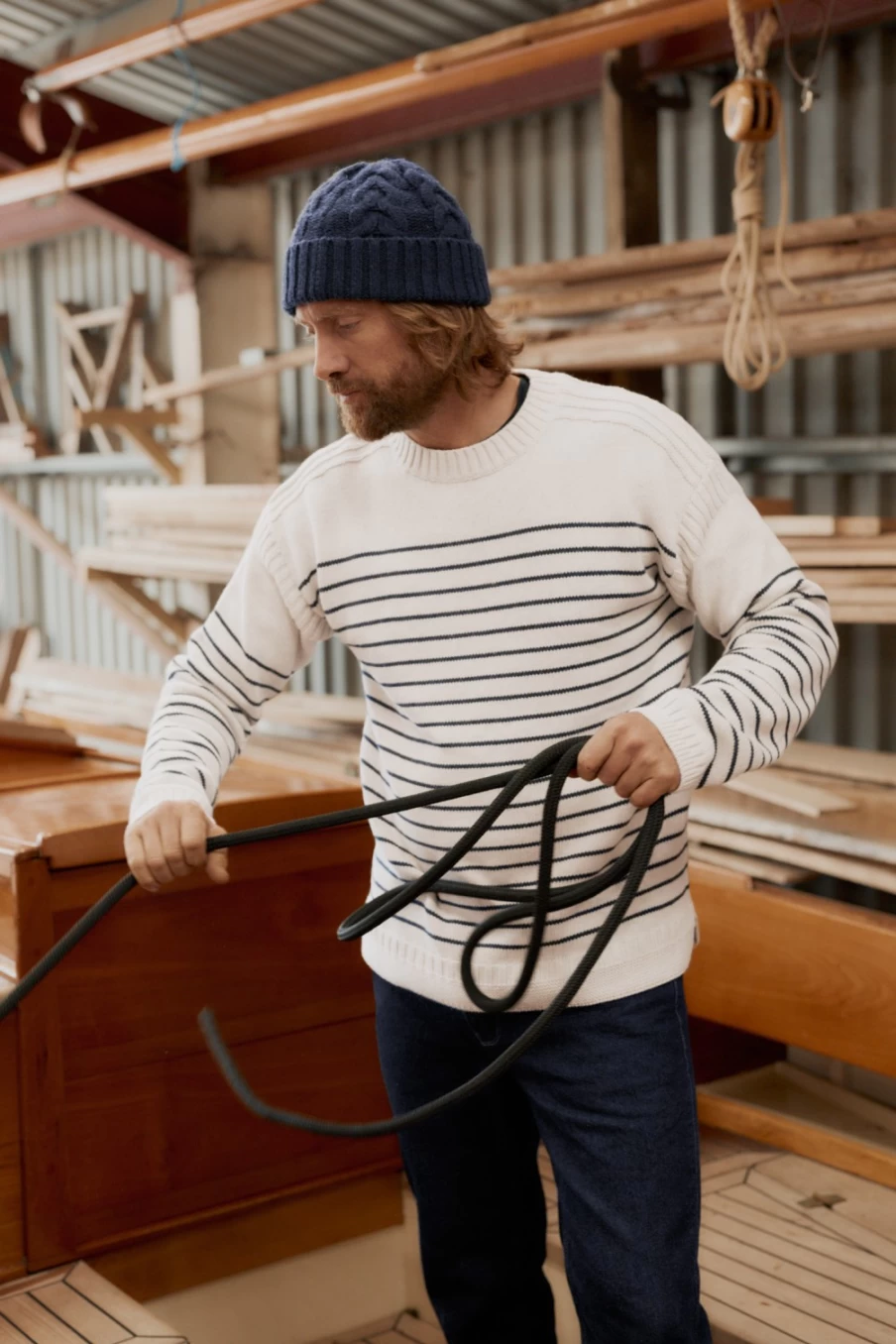 Men's Seasalt Cornwall Organic Cotton Boatneck Jumper - Kewney Breton Aran Inkwell