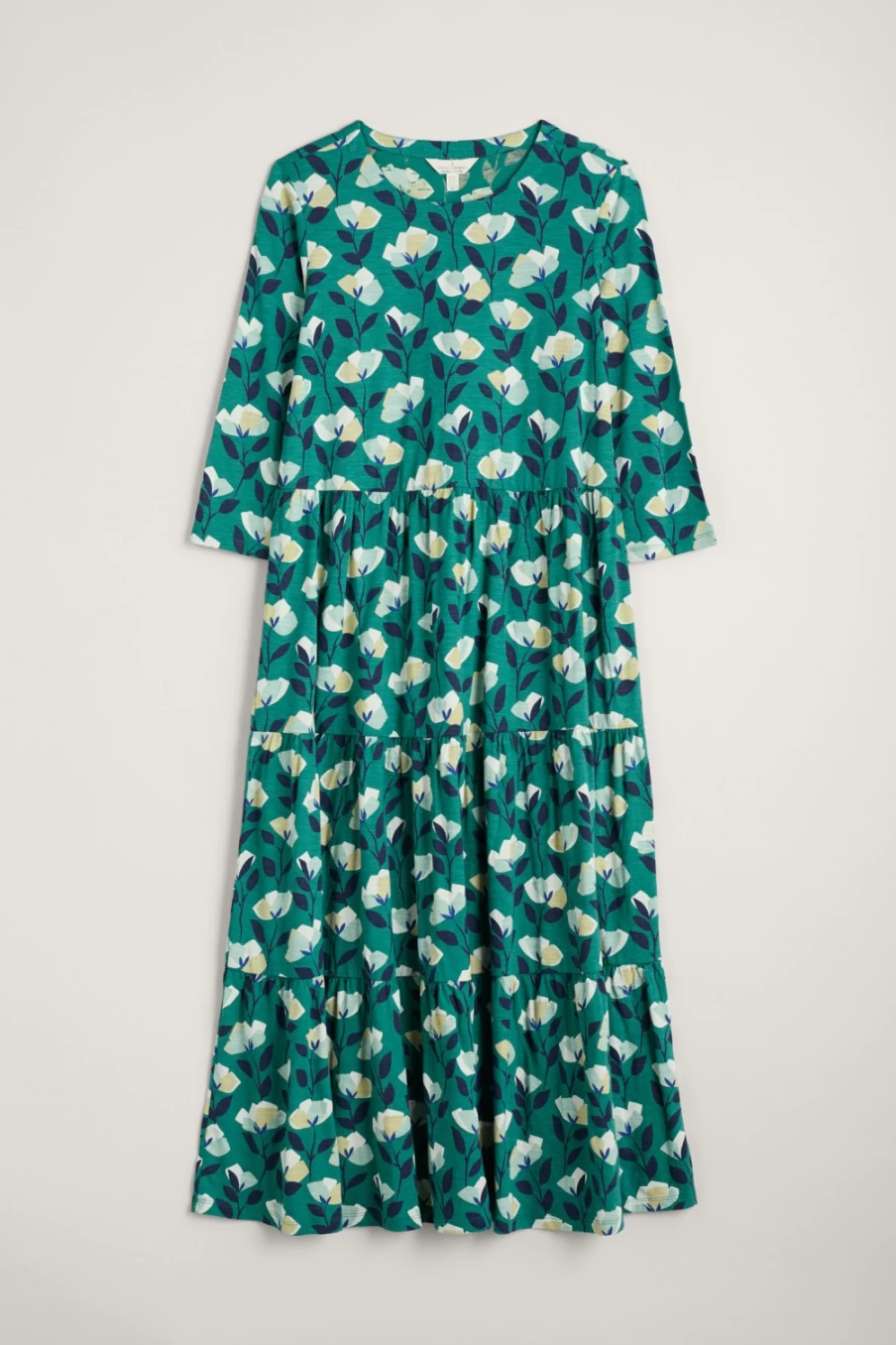 Seasalt Cornwall Women's Bud Trail Studio Green Line Strokes Tiered Jersey Dress