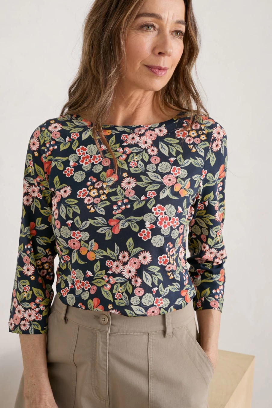 "Seasalt Cornwall Women's Easel 3/4 Sleeve Top – Floral Print Casual Blouse"