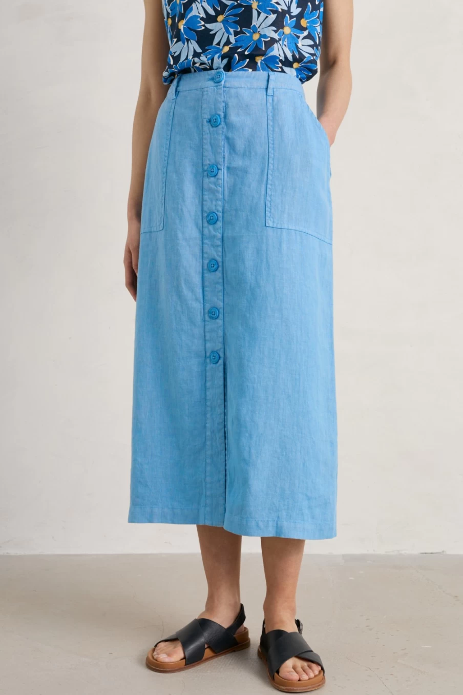 Seasalt Cornwall Women's Rosewell Farm Linen Midi Skirt - Lightweight Summer Skirt