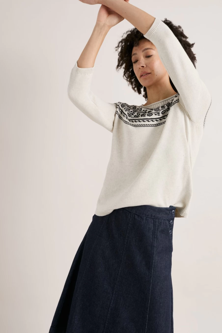 Seasalt Cornwall Women's Organic Cotton Jumper in Tapestries Ecru Inkwell - Polurrian Cove Style