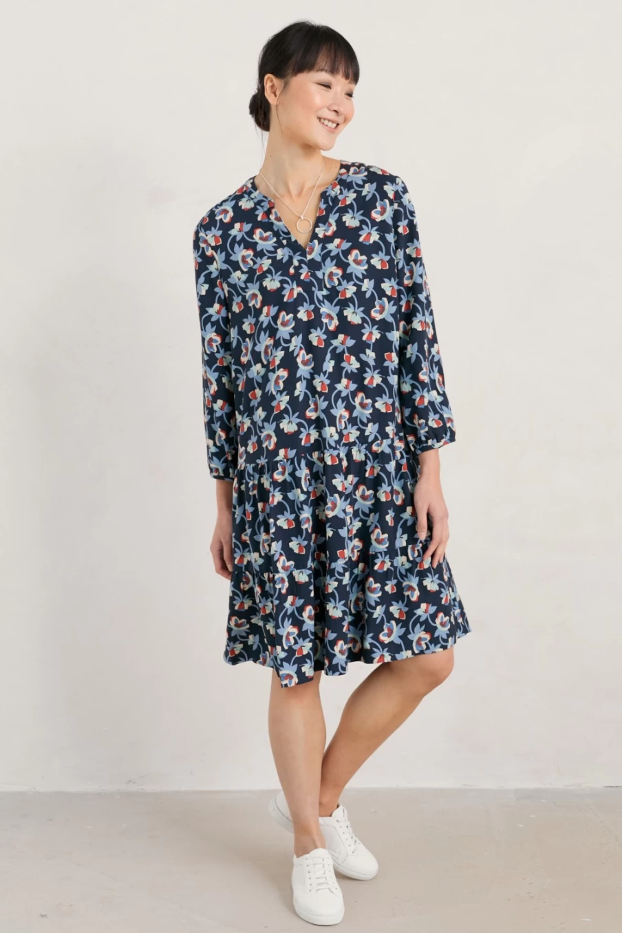 Seasalt Cornwall Women's Proctor Tiered Dress in Hellebore Collage Maritime Print