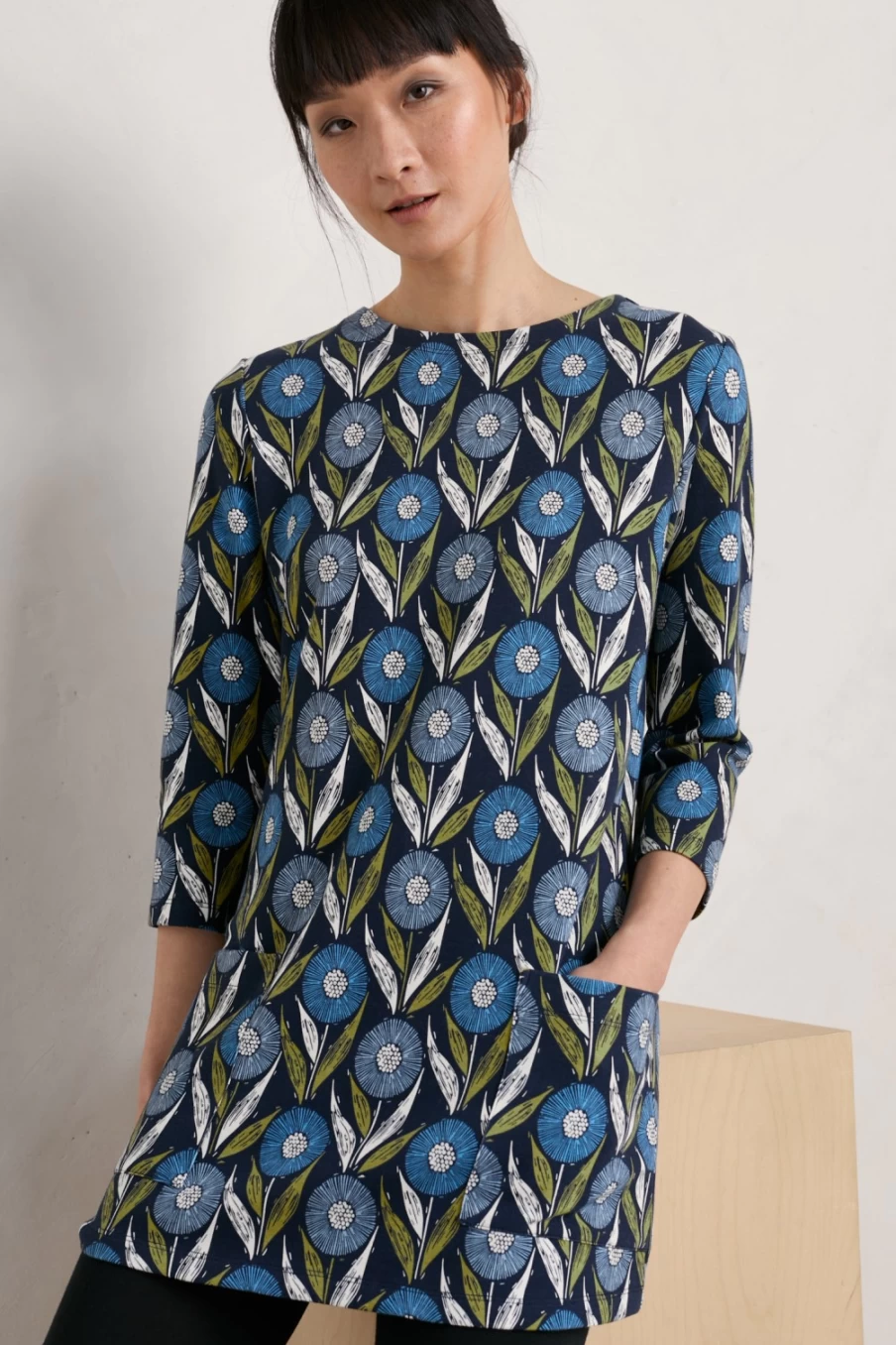 "Seasalt Cornwall Women's Textured Flower Head Maritime Tall Waves Jersey Tunic Top"