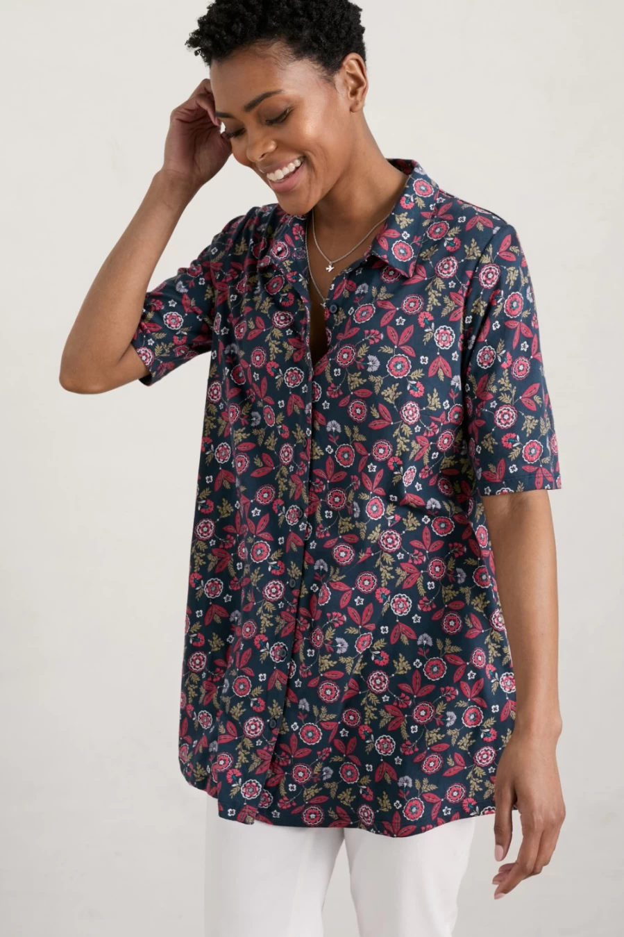 Seasalt Cornwall Women's Block Floral Maritime Sea Cliff Short Sleeve Jersey Shirt