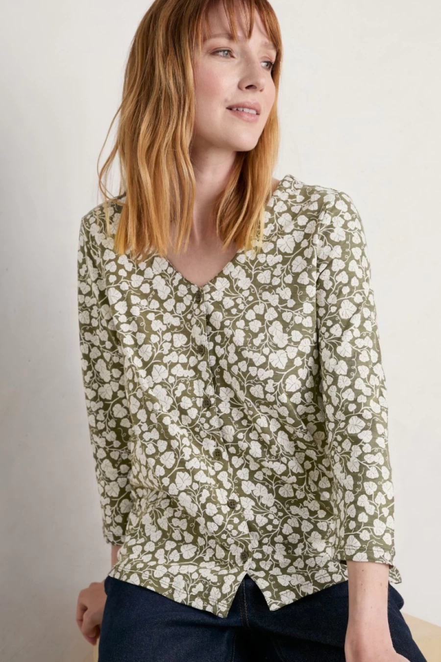 Seasalt Cornwall Women's Studio Glass 3/4 Sleeve Top in Wall Vines Light Olive