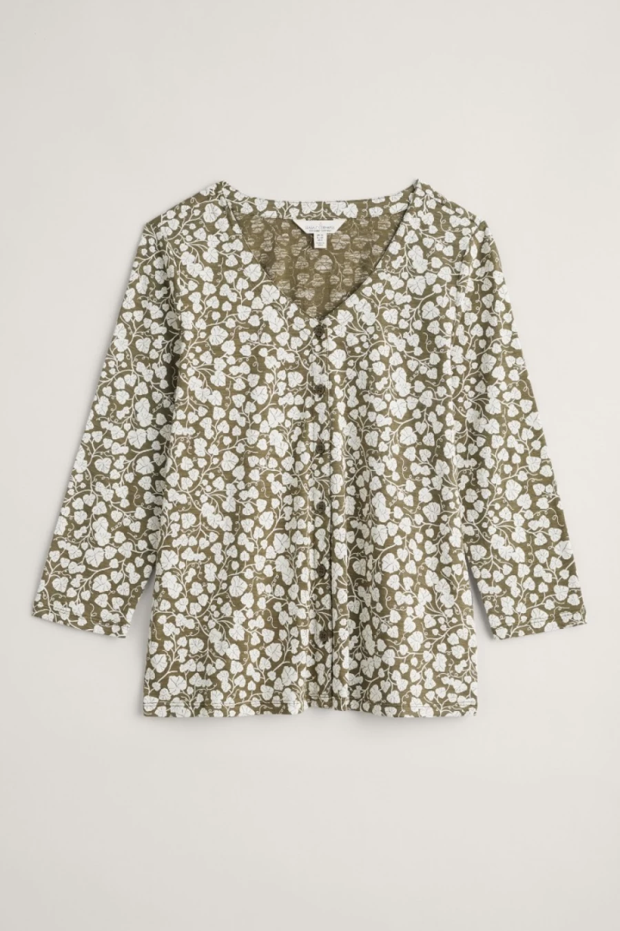 Seasalt Cornwall Women's Studio Glass 3/4 Sleeve Top in Wall Vines Light Olive