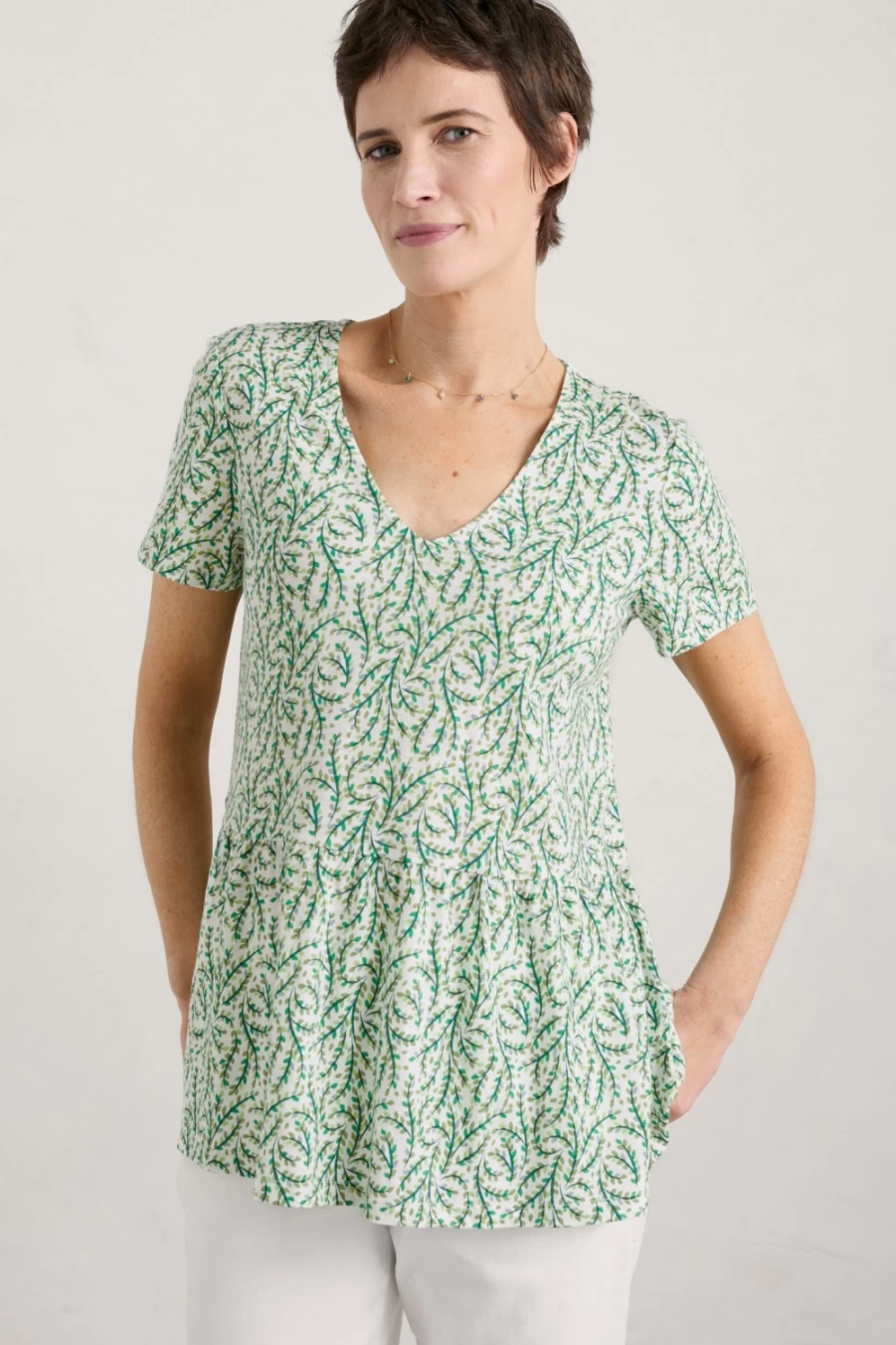 Seasalt Cornwall Women's Turn Point V-Neck Waisted Jersey Top in Sea Vine Chalk Dill