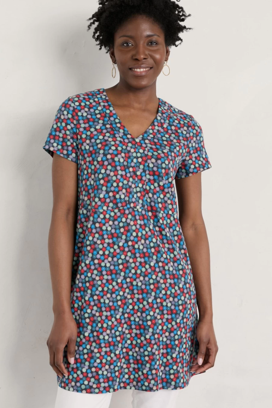 Seasalt Cornwall Women's Tall Cliff Jersey Tunic in Parasol Spot Maritime - Stylish Maritime Print Tunic Top