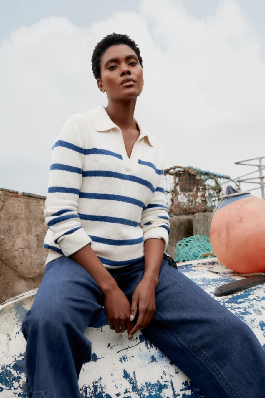 Seasalt Cornwall Women's Veneer Ecru Sea Skipper Long Sleeve Collared Jumper - Barbizan Style Knitwear
