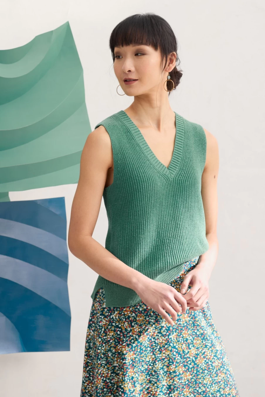 Seasalt Cornwall Women's Forest Green V-Neck Knitted Vest - Lookout Point Style