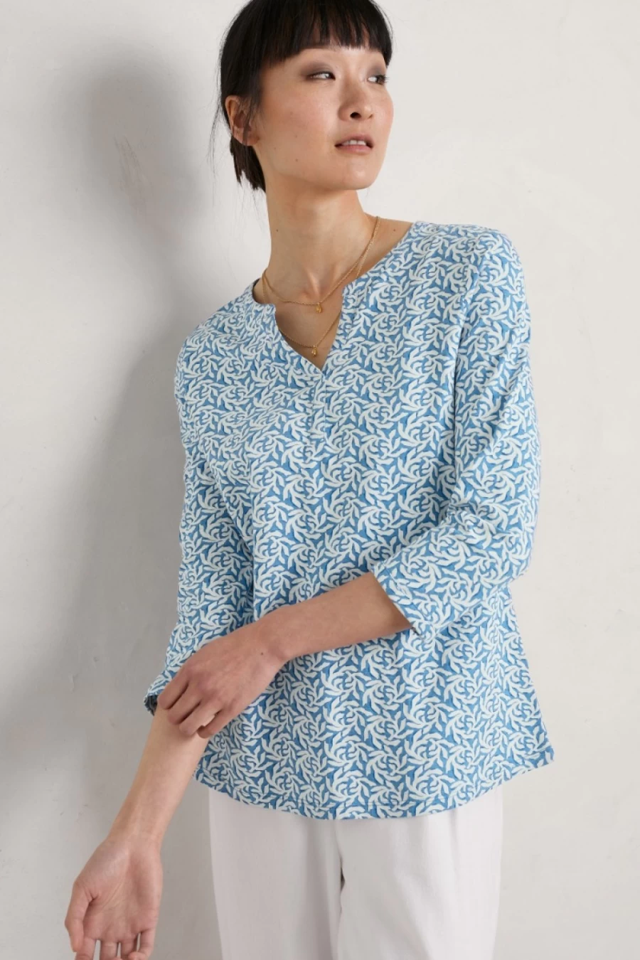 "Seasalt Cornwall Women's Chantilly 3/4 Sleeve Jersey Top – Soft Comfortable Casual Blouse"