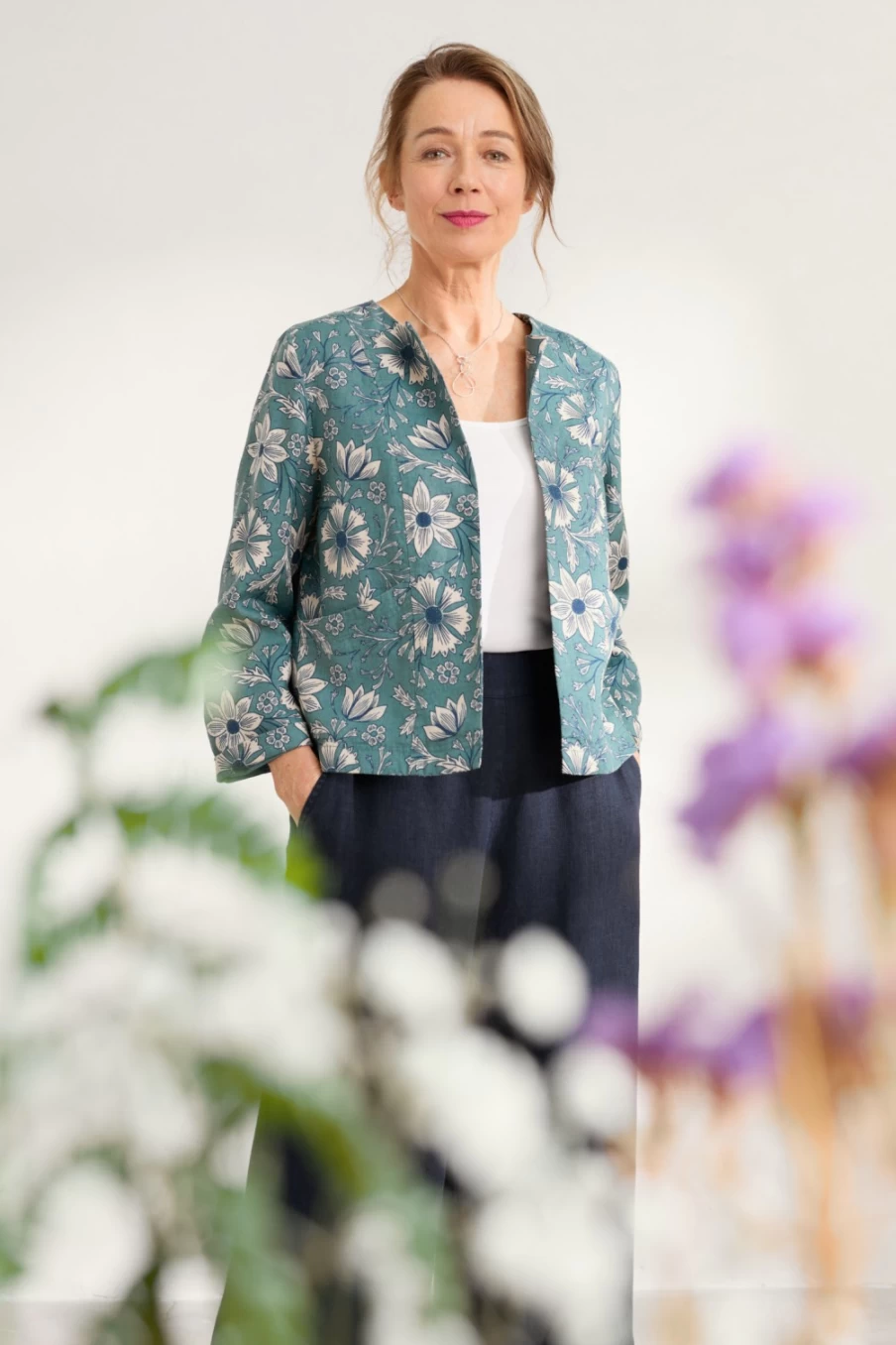 Seasalt Cornwall Women's Craft Floral Dark Lichen Aran Linen Jacket - Country Path Printed Style