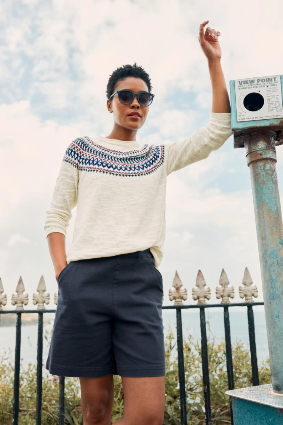 Seasalt Cornwall Women's Clipper Ship Ecru Maritime Fair Isle Jumper with Three Quarter Sleeves