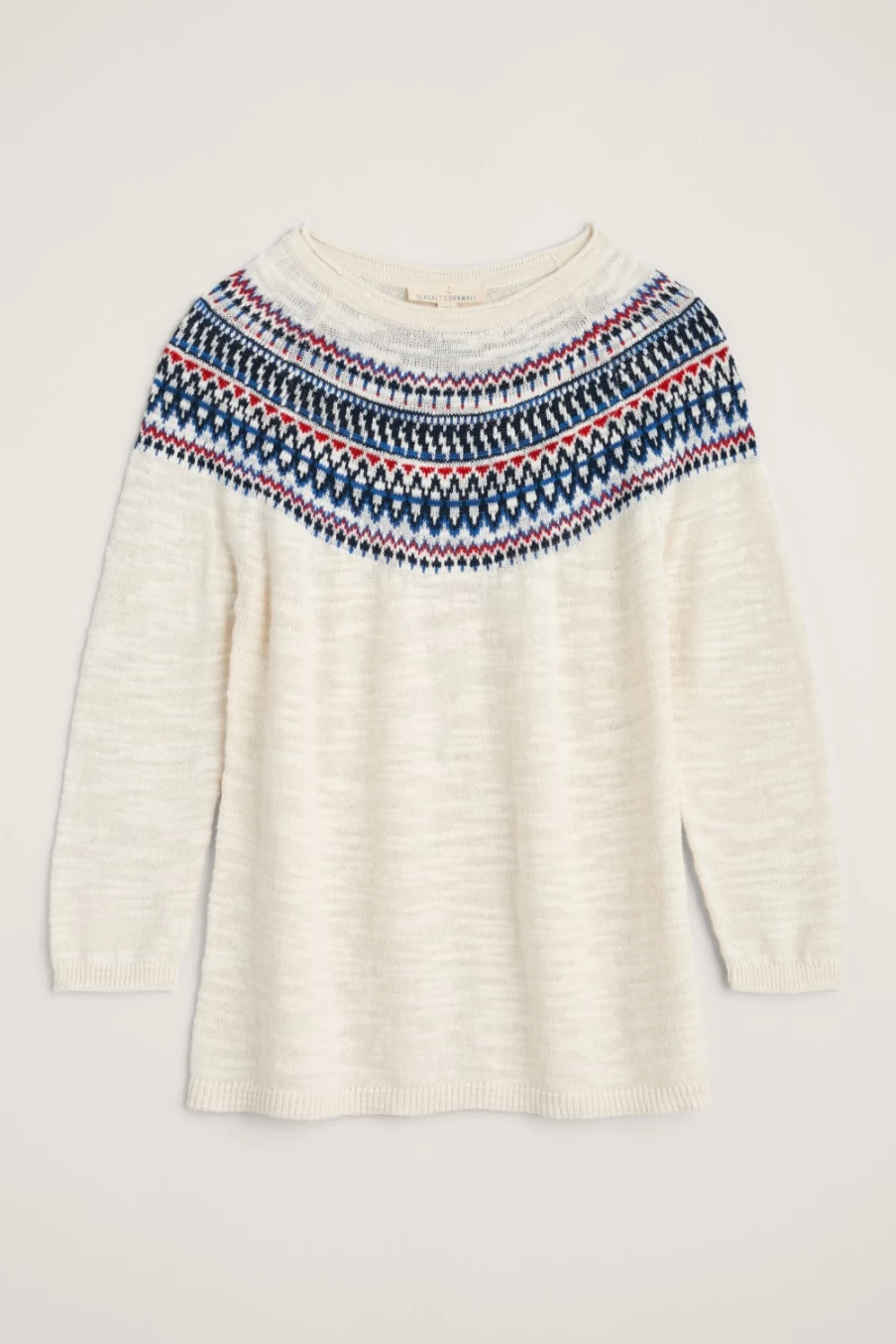 Seasalt Cornwall Women's Clipper Ship Ecru Maritime Fair Isle Jumper with Three Quarter Sleeves